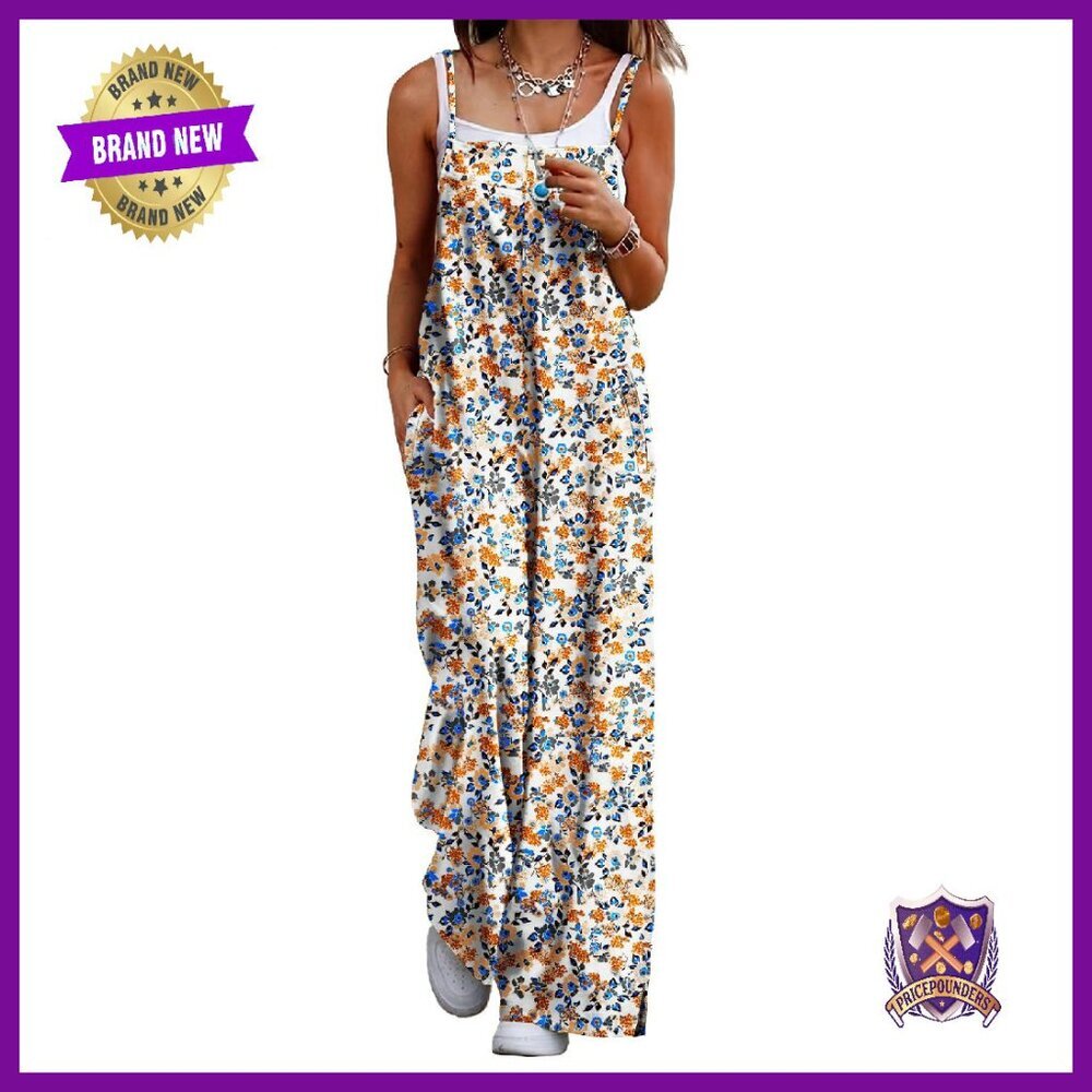 Women's Summer Boho Jumpsuit Wide Leg Overalls Floral Print Pockets